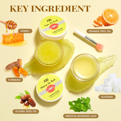 Turmeric Honey Lip Care Kit with Sugar Lip Scrub, Jelly Lip Sleep Mask for Dark Lip Treatment, Exfoliating, Repairing