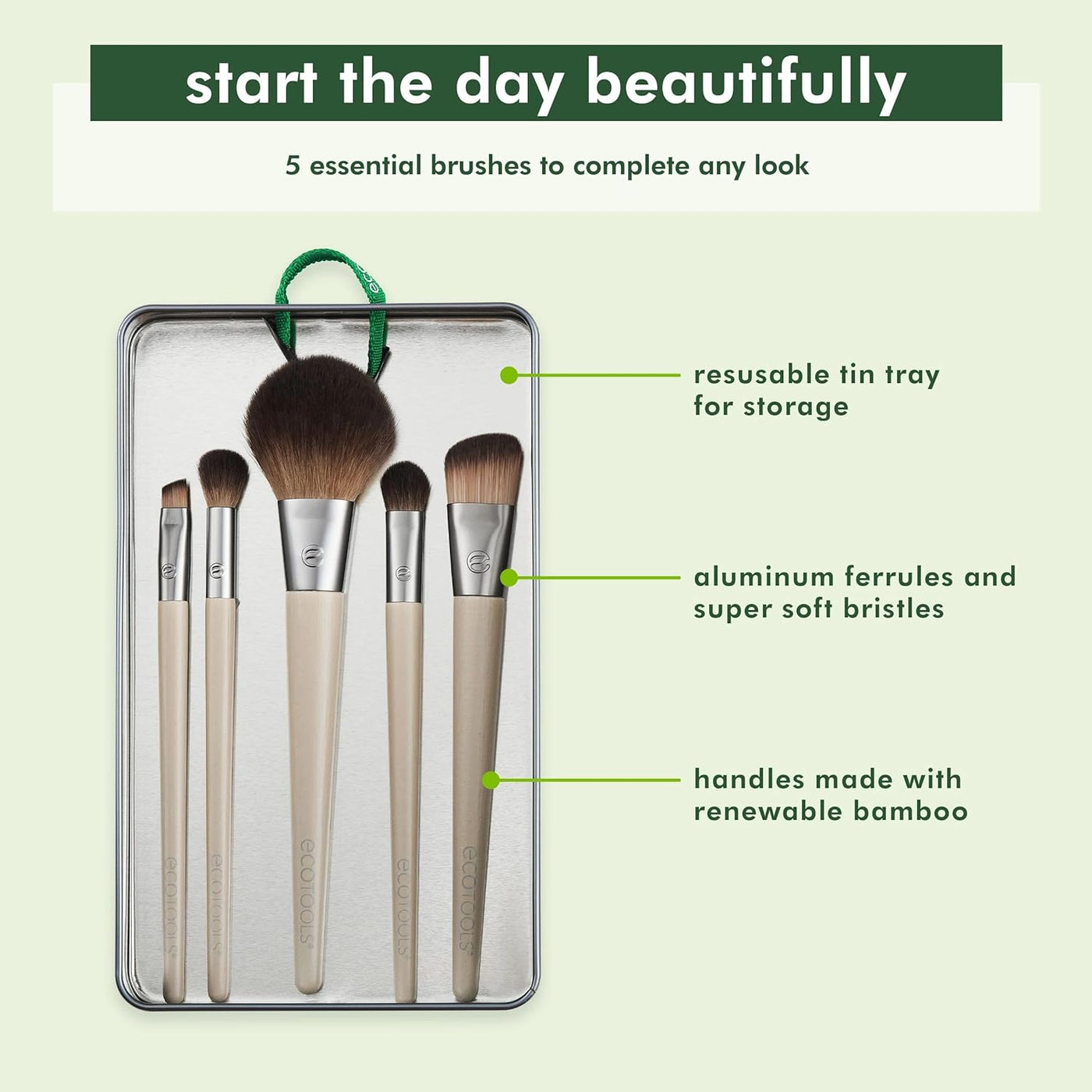 Start the Day Beautifully 6 Piece Makeup Brush Set, Makeup Brushes for Eyeshadow, Blush, Concealer, & Foundation Application, Eco-Friendly, Gift Set, Synthetic Hair, Vegan & Cruelty-Free