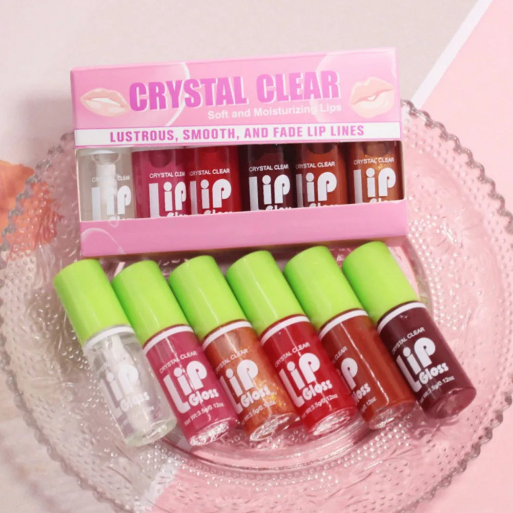 6Pcs/Set Moisturizing Lip Gloss Lip Plumper Makeup Glitter Liquid Lipstick Transparent Lip Glaze Hydrating Lip Oil Cosmetic