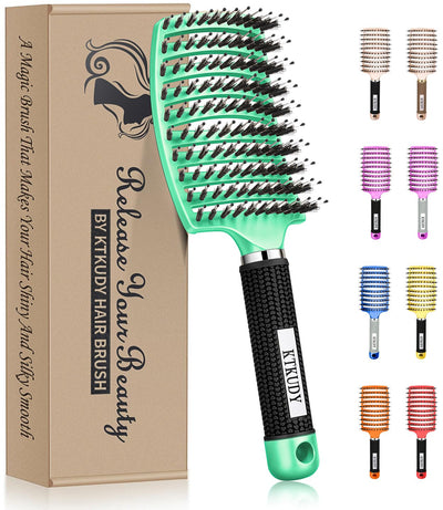 Detangling Brush Boar Bristles Hair Brush Make Hair Shiny & Healthier Curved and Vented Detangler Brush for Women Men Kids Wet & Dry Hair (Light Green)