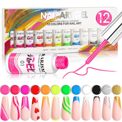 Painted Nail Polish Set, 12 Colors Neon Pink Yellow Green Glitter Silver Gold Nail Art Painting Manicure Tools DIY Drawing Nail Gel for Line UV LED Required