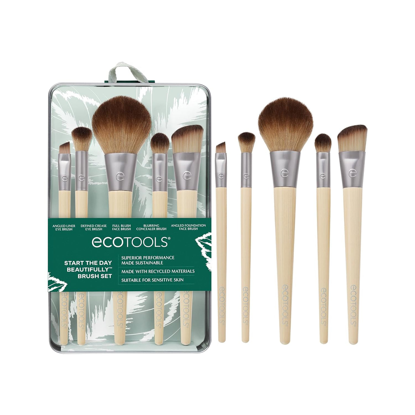 Start the Day Beautifully 6 Piece Makeup Brush Set, Makeup Brushes for Eyeshadow, Blush, Concealer, & Foundation Application, Eco-Friendly, Gift Set, Synthetic Hair, Vegan & Cruelty-Free